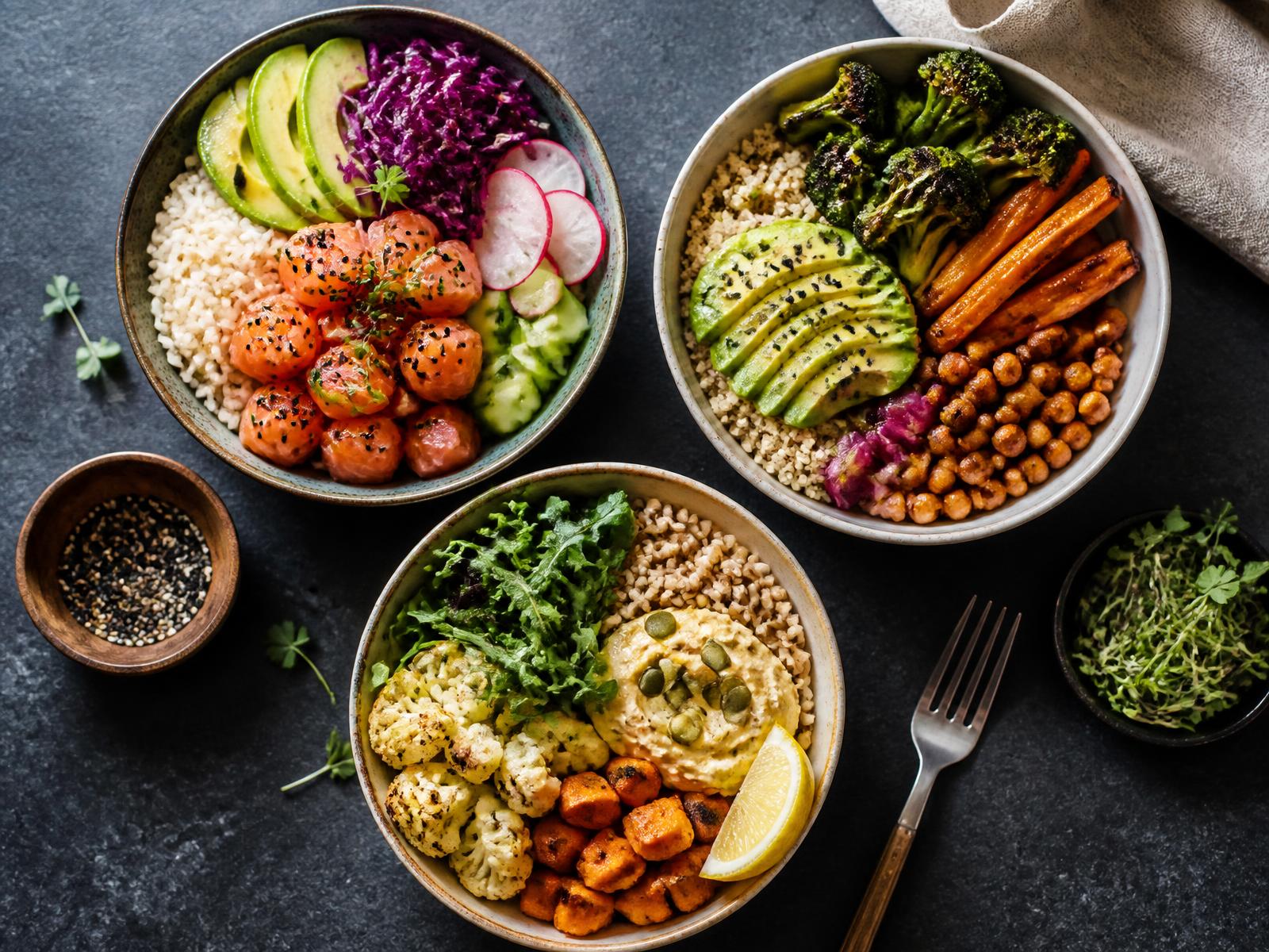 Bowls gastronomiques avec couscous, légumes rôtis et herbes fraîches